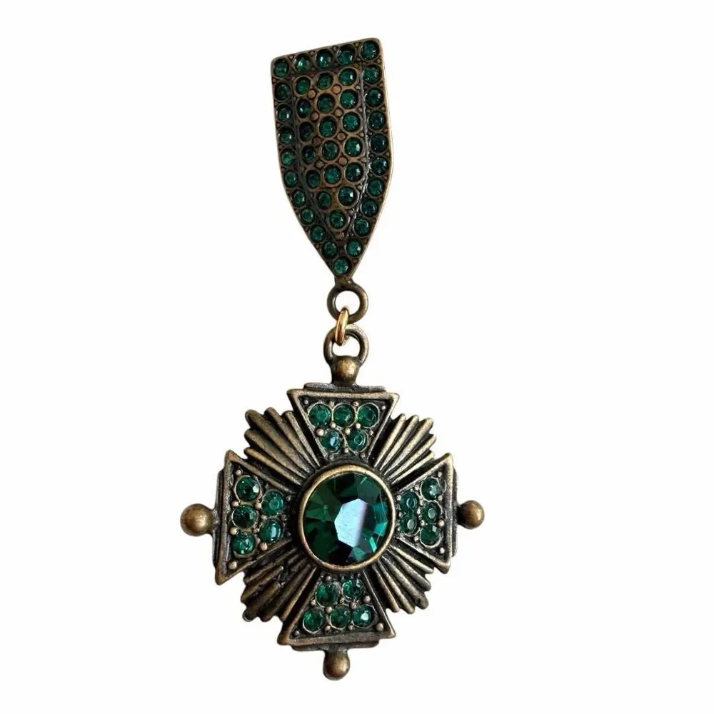 Vintage Maltese Cross Emerald Rhinestone Drop Brooch